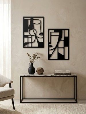 Aybu Prolaser & Design Modern Soyut Yüz Figürlü 2'li Ahşap Tablo Seti - Minimalist Geometrik Duvar Dekoru - 30X20 cm Butik Tasarım