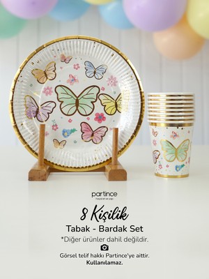 Partince 8 Kişilik Makaron Kelebek Tema Kullan At Karton Tabak Bardak Yaldızlı Parti Seti