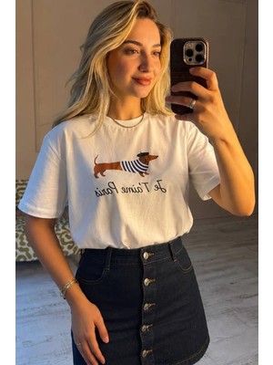 BeeYouStudio Baskılı Beyaz Pamuklu T-Shirt/ Je Taime Paris S