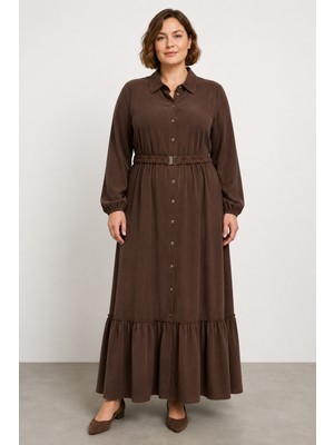 Bihan Store Kadın Gömlek Yaka Kemerli Büyük Beden Maxi Süet Elbise 9258-KAHVE