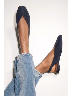 İx Siena Kadın Lacivert Süet Kare Burun Babet Slingback