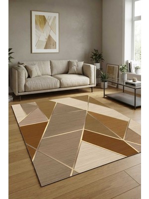 Qatalina Modern Geometrik Bej Kahve Kaymaz Taban Dijital Baskı Salon Oturma Odası Halısı 4 Mevsim