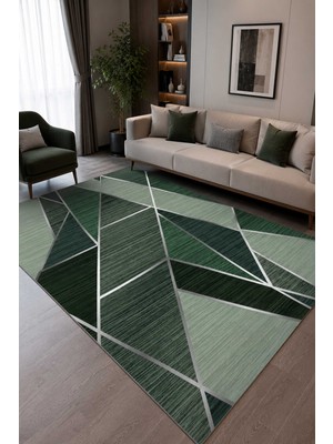Qatalina Modern Geometrik Yeşil Kaymaz Taban Dijital Baskı Salon Oturma Odası Halısı 4 Mevsim