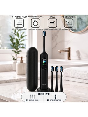 Mioji Oral B8 Care Şarj Edilebilir Diş Fırçası Siyah + (3 Yedek Başlık ve Taşıma Çantası Hediye)