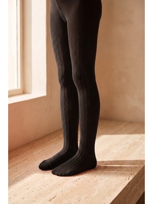 Bony Socks Kız Çocuk 20 Denye Örgü Desenli Külotlu Çorap Siyah