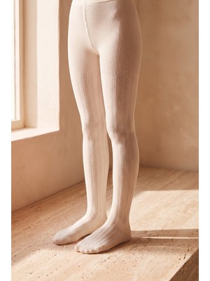 Bony Socks Kız Çocuk 20 Denye Örgü Desenli Ince Külotlu Çorap Ekru