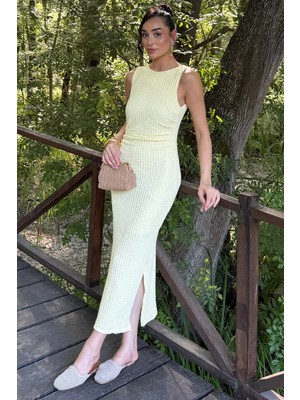 Gülseli Kadın Yan Büzgü Detaylı Yırtmaçlı Bürümcük Elbise P-00022473