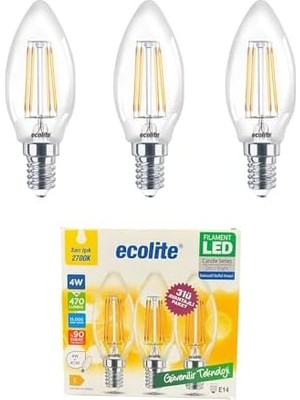 4W LED Filament Mum Ampul, E14 Duy, 2700K Sarı Işık, 470 Lümen, Şeffaf Cam, Akkor Görünümlü Dekoratif Lamba, 3'lü Paket