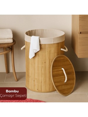 Porsima Pbt-052 Kapaklı Kirli Çamaşır Sepeti Yuvarlak - Bambu Kirli Çamaşır Sepeti