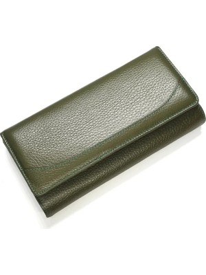 Meegora %100 Gerçek Deri Natural Haki/yeşil Renk Dokulu Kadın Cüzdan - Çok Bölmeli