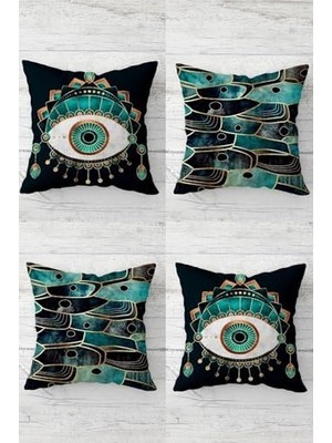 Göz Balık Nazarlık Desenli Gizli Fermuarlı Kırlent Kılıfı Koltuk Yastık Kılıfı TAKIM(4ADET), Mavi 45 x 45