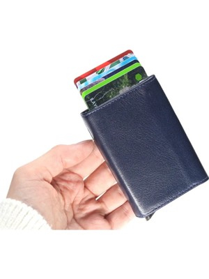Meegora %100 Hakiki Deri Mekanizmalı Lacivert Erkek Kartlık Cüzdan
