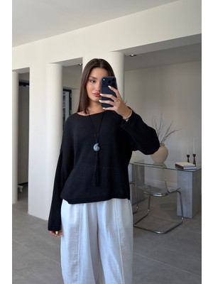 Magarde Geniş Yaka Basic Merserize Triko- Siyah