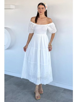 Gülseli Kolları Etek Ucu Güpürlü Elbise P-00022299