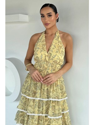 Gülseli Kadın Boyundan Bağlamalı Fırfırlı Desenli Şifon Elbise P-00022276