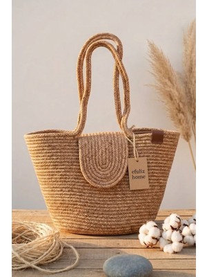 Efuliz Home Hasır Plaj Çantası Handmade  Bohem Yazlık Omuz Kadın Çantası