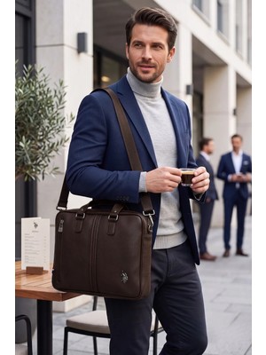 U.S. Polo Assn. Vegan Deri Omuz Askılı Laptop Çantası Kahverengi Evrak Çantası Orta Boy 6753-6752