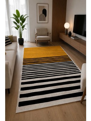 Qatalina Modern Çizgili Hardal Sarısı Kaymaz Taban Dijital Baskı Salon Oturma Odası Halısı 4 Mevsim