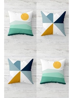 Vavis Güneş ve Geometrik Renk Bloklu Gizli Fermuarlı Kırlent Kılıfı Koltuk Yastık Kılıfı TAKIM(4ADET), Yeşil-Sarı 45 x 45