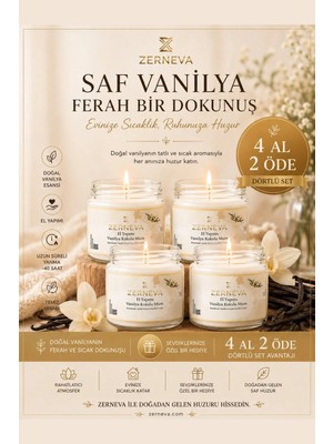 Zerneva Vanilya Kokulu Mum 4'lü Set / Hediyelik, El Yapımı, Özel Gün, 330CC Cam Kavanoz, Dekoratif