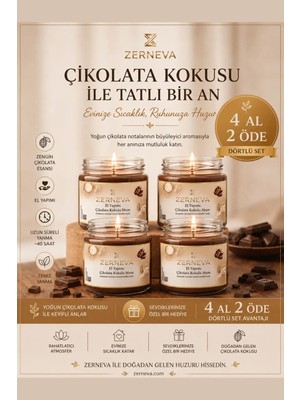Zerneva Çikolata Kokulu Mum 4'lü Set / Hediyelik, El Yapımı, Özel Gün, 330CC Cam Kavanoz, Dekoratif