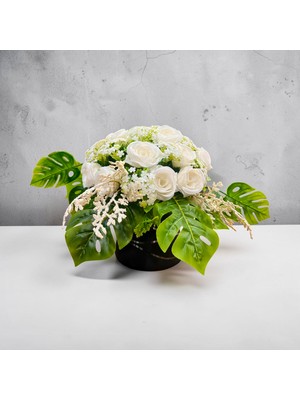 Sedosh Home Vision Siyah Cam Vazoda Yapay Beyaz Gül Aranjmanı 25X30 cm