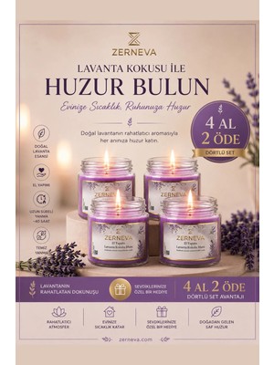 Zerneva Lavanta Kokulu Mum 4'lü Set / Hediyelik, El Yapımı, Özel Gün, 330CC Cam Kavanoz, Dekoratif