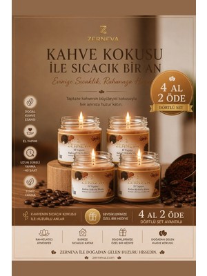 Zerneva Kahve Kokulu Mum 4'lü Set / Hediyelik, El Yapımı, Özel Gün, 330CC Cam Kavanoz, Dekoratif