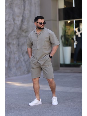 Myrab Denim Çağla Yeşili Renk Gömlek Şort Erkek Keten Takım Oversize Kalıp