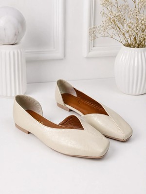 Dabab Shoes Dante Kadın Bej Kırışık Rugan Kare Burun Düz Taban Günlük Casual Babet Ayakkabı
