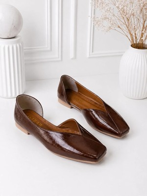Dabab Shoes Dante Kadın Acı Kahve Kırışık Rugan Kare Burun Düz Taban Günlük Casual Babet Ayakkabı