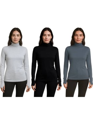 ALDAIYR 3 Adet Yuvarlak Yaka Kadın Uzun Kol Parmaklı Likralı Body