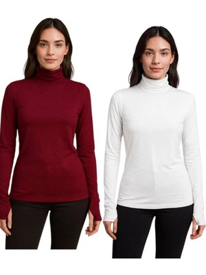 ALDAIYR 2 Adet Yuvarlak Yaka Kadın Uzun Kol Parmaklı Likralı Body