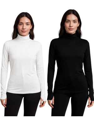 ALDAIYR 2 Adet Yuvarlak Yaka Kadın Uzun Kol Parmaklı Likralı Body