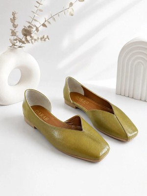 Dabab Shoes Dante Kadın Yağ Yeşili Kırışık Rugan Kare Burun Düz Taban Günlük Casual Babet Ayakkabı