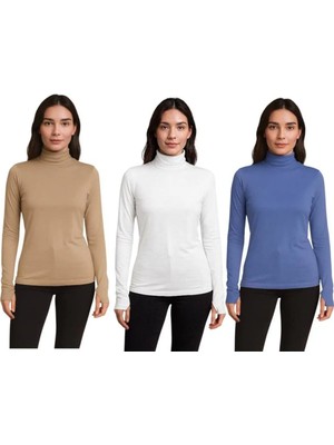 ALDAIYR 3 Adet Yuvarlak Yaka Kadın Uzun Kol Parmaklı Likralı Body