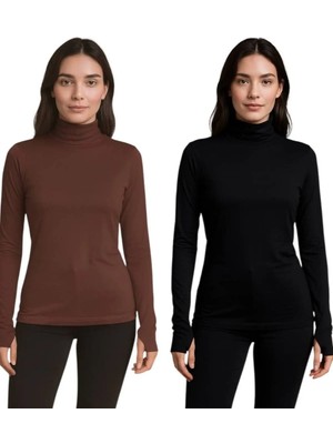 ALDAIYR 2 Adet Yuvarlak Yaka Kadın Uzun Kol Parmaklı Likralı Body