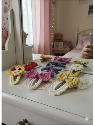 Retro Women Kız Çocuk Bebek Örgü Tasarım Kurdele Çiçek Figürlü Hediye Toka Seti