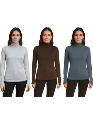 ALDAIYR 3 Adet Yuvarlak Yaka Kadın Uzun Kol Parmaklı Likralı Body