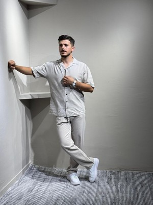 Blayn Jeans Gömlek Pantolon Erkek Keten Takım Oversize Kalıp