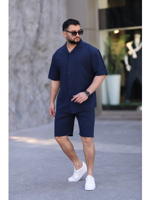 Myrab Denim Lacivert Renk Gömlek Şort Erkek Keten Takım Oversize Kalıp