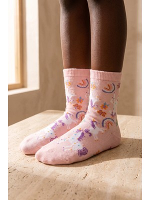 Bony Socks Çocuk Sevimli Unicorn Desenli Pamuklu Soket Çorap Pembe