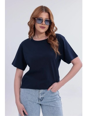 Myrab Denim Kadın Lacivert Basic Tişört – Regular Fit Bisiklet Yaka %100 Pamuk 30/1 Süprem Kumaş Günlük T-Shirt