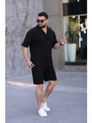 Myrab Denim Siyah Renk Gömlek Şort Erkek Keten Takım Oversize Kalıp