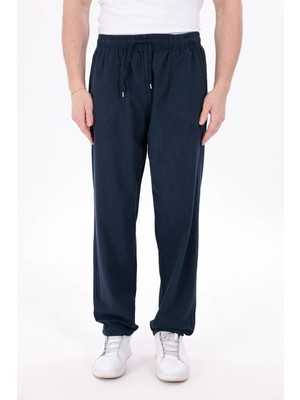 Blayn Jeans Erkek Lacivert Jogger Pantolon Beli Lastikli Bağcıklı %100 Pamuk Keten Baggy Rahat Günlük Pantolon
