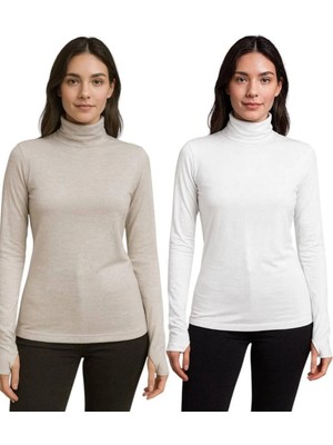 ALDAIYR 2 Adet Yuvarlak Yaka Kadın Uzun Kol Parmaklı Likralı Body