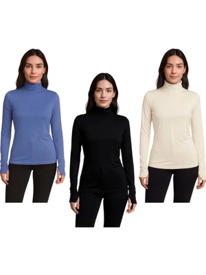 ALDAIYR 3 Adet Yuvarlak Yaka Kadın Uzun Kol Parmaklı Likralı Body