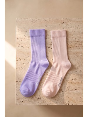 Bony Socks Unisex 2'li Örgü File Soket Çorap Lila-Pembe
