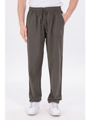 Blayn Jeans Erkek Haki Jogger Pantolon Beli Lastikli Bağcıklı %100 Pamuk Keten Baggy Rahat Günlük Pantolon