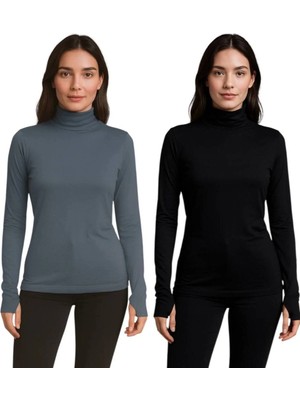 ALDAIYR 2 Adet Yuvarlak Yaka Kadın Uzun Kol Parmaklı Likralı Body